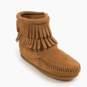 Minnetonka Double Fringe Side Zip Boot Fringe Suede Ankle Boots